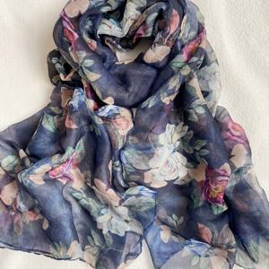 TEMU 네이비 블루 플로럴 프린트 발리 시폰 여성 스카프, 캐주얼 아웃팅 여성 셔츠 액세서리 쉬어 스카프 쇼울