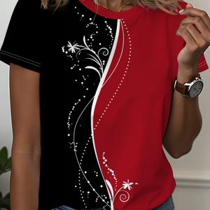 TEMU 불규칙한 블랙 앤 레드 레이스 트림, 여성용 라운드넥 반팔 티셔츠, 스타일리시하고 활용도 높은 여성 의류