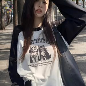 TEMU 여성용 루즈핏 래글런 소매 귀여운 고양이 프린트 티셔츠 - 봄 & 가을용 풀오버 탑, 세탁기 사용 가능 캐주얼 상의, 가을 필수 아이템