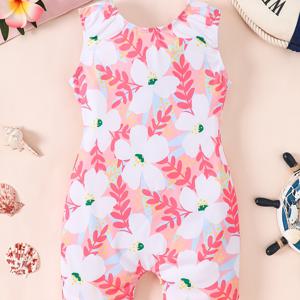 TEMU 여아 원피스 수영복 여름 해변 휴가 수영 쿨 원피스 바지 플로럴 민소매 플랫 레그 여아 속건성 수영복