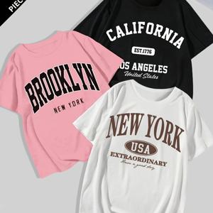 TEMU 3pcs 세트 여성 플러스 사이즈 레터 프린트 라운드넥 반팔 티셔츠 | 캐주얼 스타일, 중간 정도 신축성 원단, 알파벳 패턴, 올 시즌 상의