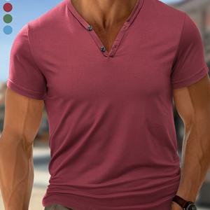 TEMU 남성용 패션 캐주얼 다용도 가벼운 통기성 헨리 셔츠 - 브러시드 디자인, 캐주얼 V넥 반팔 티셔츠, 스트레치 폴리에스터 혼방, 가벼운 스포티 헨리 반팔 빠른 건조 피트니스 셔츠, 솔리드 컬러 가벼운 캐주얼 약간 스트레치 수분 흡수 헨리 셔츠, 야외, 골프, 볼 스포츠, 트레이닝, 일상 활동에 적합