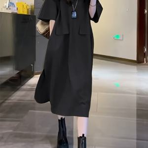 TEMU 여름철 여성용 신상 루즈핏 V넥 원피스. 배를 가리고 무릎까지 슬림하게 보이도록 도와주는 포켓이 특징입니다. 미디 기장 스커트, 캐주얼 반팔, 슬릿 디자인으로 연출됩니다.