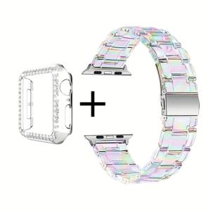 TEMU 아이리서센트 레진 스트랩 + 투명 케이스 2개 세트 Apple Watch Ultra 3 2 1 SE S10 S9/S8/S7/S6/S5/S4/S3/S2/S1 시리즈 호환 Apple Watch 스트랩 38mm 40mm 41mm 42mm 44mm 45mm 46mm 49mm 50mm-42mm PC 투명 화려한 레진 스마트워치