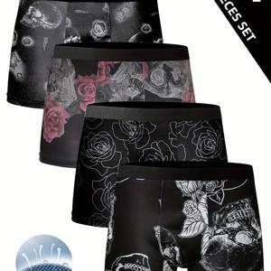 TEMU 4개 세트 해골 & 장미 프린트 남성용 스타일리시 드로즈 팬티. 트렌디한 프린트, 부드럽고 통기성 좋은 원단으로 제작되어 집에서 편안하게 입기 좋고, 러닝 등 야외 스포츠에 적합합니다.