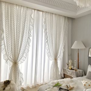 TEMU 프렌치 화이트 레이스 러플 커튼 2개 세트 - 3D 자카드 웨이브 기하학 디자인, 두꺼운 가우즈 빛 차단, 폴리에스터 100%, 부드럽고 편안한, 거실 및 침실용 로드 포켓, 사계절 우아한 홈 데코