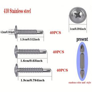 TEMU 410 스테인레스 스틸 대형 플랫 헤드 셀프 드릴링 스크루 120개, 크로스 대형 플랫 헤드 드릴 철 도브테일 스크루, 3가지 길이로 제공: 0.512