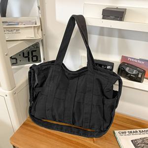 TEMU 남녀공용 숄더 크로스백, 대용량 학생 책가방, 일상 통근, 직장, 학교용 커플 쇼핑 토트백. 내부 패치 포켓과 지퍼 포켓이 특징이며, 음료와 우산을 수납할 수 있는 두 개의 대형 외부 수납공간이 있습니다