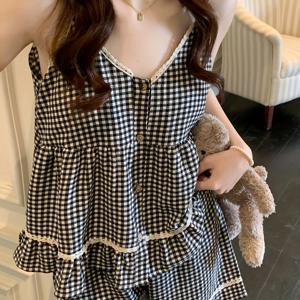 TEMU 플래드 레이스 캐미 원피스 여성 여름 섹시 가슴 패드 달콤 귀여운 홈웨어 2pcs 세트 외출복