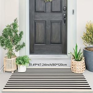 TEMU 1개 검정-흰색 스트라이프가 있는 현관 매트, 폴리에스터 섬유 재질, 현관, 거실, 주방, 욕실, 현관, 발코니, 정원 등 다양한 공간에 적합