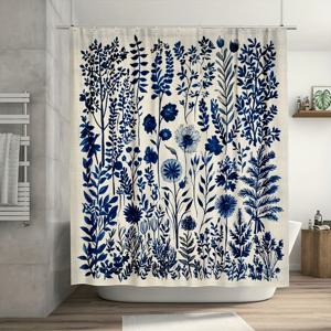 TEMU 1개 빈티지 식물학 꽃 샤워 커튼 - 네이비 블루 사계절용 욕실 장식, 70.8x70.8인치 내구성 있는 폴리에스터 원단, 세탁기 사용 가능 후크 포함 욕조 및 창문 장식용, 욕조 액세서리 | 우아한 욕실 스타일 | 쉬운 청소 가능한 원단