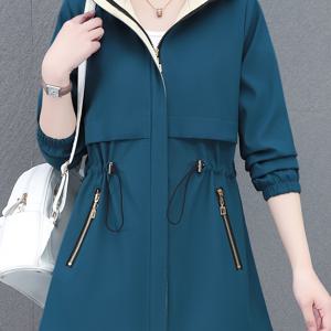 TEMU 미디엄 길이 여성 캐주얼 트렌치 코트 재킷 탑, 드로스트링 허리, 지퍼 포켓, 탈착식 후드