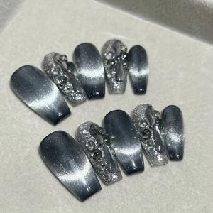 TEMU 10개 핸드 프레스 네일 아트, 봄 여름 네일 폴리쉬, 인조 손톱, 다크 캣 아이 디자인 기하학적 라인스톤 네일 추가, 웨딩, 무대, 댄스, 파티, 휴일, 휴가 등 여성용으로 적합한 네일