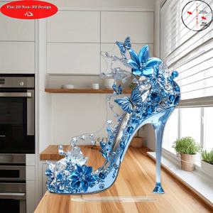TEMU 2D 플랫, 1개 하이힐 장식 - 블루 플로랄과 나비 패턴, 창문, 침실, 거실 및 휴일 장식용 투명 아크릴 데스크탑 오너먼트, 다기능 장식품 | 정교한 공예 기술, 2D 플랫
