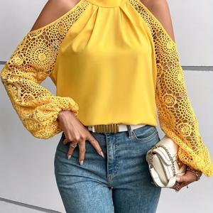 TEMU 여성용 우아한 오프숄더 레이스 트림 긴팔 블라우스 - 생기발랄한 노란색 대비 레이스 가장자리, 스탠드업 칼라, 세탁기 사용 가능, 봄 여름 가을 탑, 비침 방지 원단