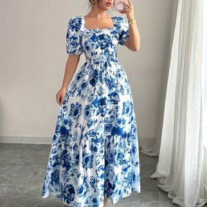 TEMU 우아한 플로럴 프린트 A라인 롱 드레스, 스퀘어넥, 퍼프 소매, 봄/여름 나들이에 완벽한 루즈핏