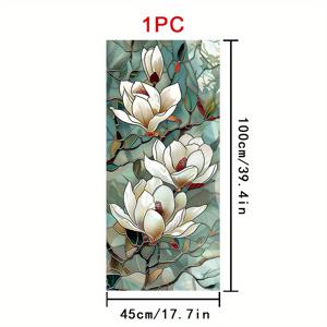 TEMU 1개 PVC 스테인드 글라스 목련 창문 필름 - 45x100cm 스태틱 클링 탈착식 | 눈처럼 하얀 꽃잎과 인조 루비 꽃실 | 빈티지 갈색 가지와 인조 에메랄드 잎 | 파스텔 블루- 배경 | 봄 홈 데코용 내열 PVC