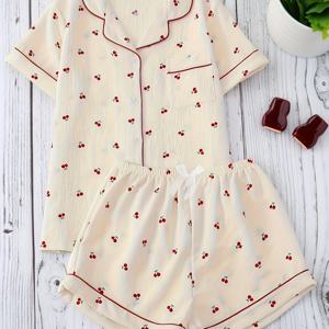 TEMU 여성용 파자마 세트, 반팔 + 쇼츠, 살구 체리 프린트 봄/여름 홈웨어