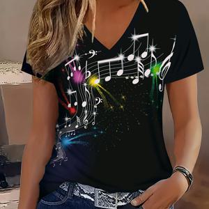 TEMU 2D 프린트 컨트리 음악 페스티벌 캐주얼 패션 바캉스 추상화 티아라이 컬러풀 별빛 곡선 음표 그래픽 전체 프린트 통기성 V넥 반팔 티셔츠, 캐주얼 셔츠, 여름 신상 여성 반팔 상의