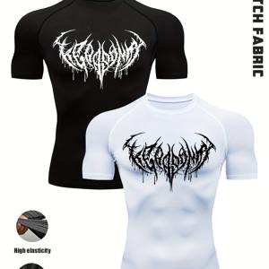 TEMU 2개 고딕 형제 운동 티셔츠 - 야광 날개 프린트 & 3D 근육 지지, 고강도 트레이닝용 미끄럼 방지 솔기 (골격 블랙)