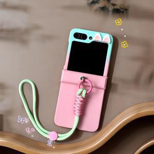 TEMU 삼성 갤럭시 ZFlip5/6/ZFlip7/7FE용 그라데이션&귀여운 3D 귀+손목줄 접이식 낙하 방지 보호 케이스, Moto Razr50 Ultra/Razr60 Ultra용 플립 힌지 보호 낙하 방지 보호 케이스