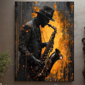 TEMU 1pc 추상 음악 캔버스 프린트, 나무 프레임, 12x16 인치 - 블랙 슈트 & 모자, 생동감 있는 오렌지 & 블랙 배경, 음악 애호가를 위한 이상적인 음악 벽 장식 | 생동감 있는 벽 예술 | 전문 프린트 품질, 음악실 장식