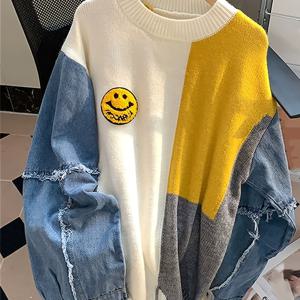 TEMU 새로운 유럽 및 미국 가을/겨울 스타일: 릴랙스 핏 컬러 블록 데님 패치워크 풀오버 가디건