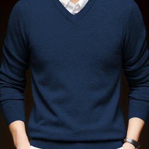 TEMU 단색 남성용 브이넥 풀오버 스웨터, 가을/겨울 긴소매 니트 베이스 레이어, 캐주얼 비즈니스 상의