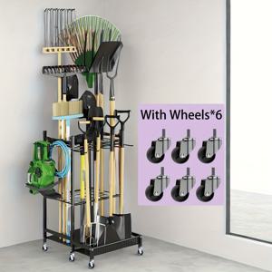 TEMU 정원 도구 보관 랙, 후크가 있는 실용적인 보관 랙, 긴 손잡이, 빗자루, 삽, 갈퀴를 위한 금속 정원 도구 홀더 보관 랙, 야외, 파티오, 검정색, 보관 랙