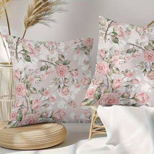 TEMU 베개 커버 [소프트 핑크 장미 쿠션 커버] 2개입, 단면 프린트 폴리에스터 소재, 피부 친화적이고 편안함. 밝은 보라색 배경에 흩어져 있는 핑크 장미가 특징이며, 부드러운 우아함을 보여줍니다.