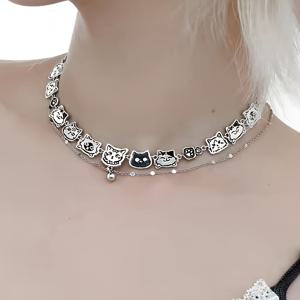 TEMU 귀여운 두들 스타일 아기 고양이 이중 레이어 액세서리, 패셔너블하고 활용도 높은 스위트쿨 스타일 쇄골 체인 목걸이 Z78