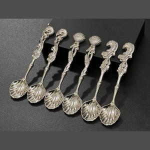 TEMU 빈티지 실버 조개껍데기 커피 스푼 세트 - 6개 해양 모티브 디저트 & 티 스푼 세트 (금붕어, 조개껍데기 & 산호 디자인) - 가정 및 선물용 우아한 식기