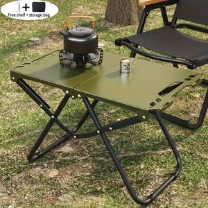 TEMU 휴대용 접이식 캠핑 테이블, 경량 철제 피크닉 테이블, 야외 캠핑, 해변, 바비큐, 테일게이팅, 하이킹용 컴팩트 디자인 (접이식). 조명 스탠드 및 보관 가방 포함