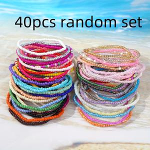 TEMU 스타일의 다층 수제 직조 비즈 팔찌 세트 30/40개입, 여름을 위한 탄성 비즈 팔찌, 여성용 데일리 파티 및 휴가에 적합 (색상은 랜덤으로 발송)