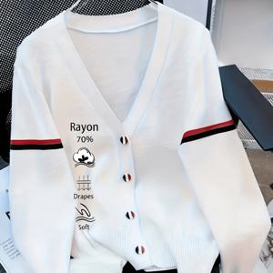 TEMU 우아한 트렌디 여성 V넥 가디건, 화이트 레드 & 블루 커프스, 가벼운 롱슬리브 레이어링 스타일, 봄과 가을을 위한 캐주얼 커뮤터 패션 가디건