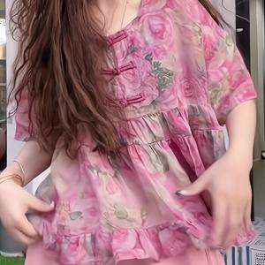 TEMU 새로운 중국 스타일 개구리 단추 레트로 프린트 얇은 셔츠 여성 여름 캐주얼 하이엔드 외国 스타일 게으른 스타일 탑