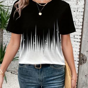 TEMU 여성용 블랙 앤 화이트 지그잉 티셔츠, 고양이 귀가 있는 반팔 캐주얼 탑, 모델 YS11111 - 블랙 앤 화이트 그라데이션 지그잉 티셔츠