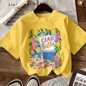TEMU 이탈리아 스타일의 라운드넥 반팔 티셔츠. Ciao Bella 레몬과 플로럴 디자인으로 봄, 여름에 완벽하며 캐주얼하고 다용도로 적합합니다. 부드러운 소재로 제작되었습니다.