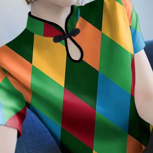 TEMU 향상된 프린트 한복 칼라 반팔 티셔츠 여성 여름 신상 외국 스타일 프린트 안감 베이스 셔츠 탑