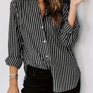 TEMU 우아한 블랙 앤 화이트 롱슬리브 셔츠, 스타일리시 유럽풍 셔츠, 가볍고 빠른 건조 소재, 출퇴근 및 오피스웨어에 적합