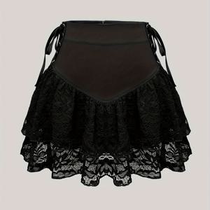 TEMU 레이스 패치워크 밑단 러플 타이프론트 크로스 스트랩 스커트, Y2K 스타일 A라인 지퍼 솔리드 컬러 스커트, 봄 여름 가을용 여성 의류