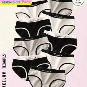 TEMU 2개 세트 소녀용 레터 프린트 팬티 - 부드럽고 신축성 좋은 캐주얼 브리프, 대조 색상 블록 디자인, 사계절 편안한 착용감, 청소년을 위한 컬러 언더웨어