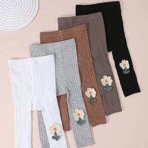 TEMU 여아용 단색 세로 크롭 레깅스 5종 세트, 플로럴 장식 슬림핏 타이츠, 데일리 활용도 높은 스타일