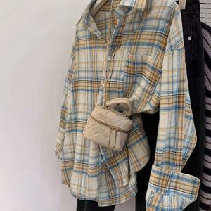 TEMU 블루 베이지 체크 버튼 셔츠, 오버사이즈 핏, 가슴 포켓, 레이어링에 이상적