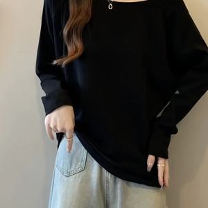 TEMU 블랙 루즈핏 오프숄더 스퀘어넥 긴팔 티셔츠 여성용 베이스 레이어 탑