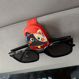TEMU 패션 자동차 선바이저 안경 클립 1개 - 헤드폰을 낀 검은 고양이 디자인, 강력한 자석 PU 가죽 패션 안경 거치대, 여성용 자동차 액세서리