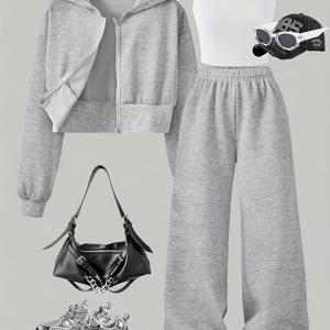 TEMU 여아 캐주얼 3피스 스포츠웨어 세트, 여아 플리스 후드 집업 스웨트셔츠, 캐미솔 및 루즈핏 바지, , 출퇴근, 학교, 가을/겨울 실내외 활동에 적합, 야외 활동용, 십대용