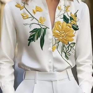 TEMU BK0819013 신상 우아한 새틴 디지털 프린트 플로럴 여성용 스탠드 칼라 긴소매 셔츠