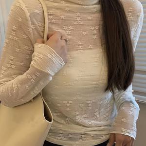 TEMU 여성용 우아한 시스루 반투명 긴팔 티셔츠, 하이넥 레이스 스타일 메쉬 패널 & 러플 엣지 - 신축성 좋은 편안한 착용감, 올 시즌 레이어링 탑 - 부드러운 고탄력 원단 (세탁기 사용 가능) - 캐주얼 및 포멀 웨어용 블랙