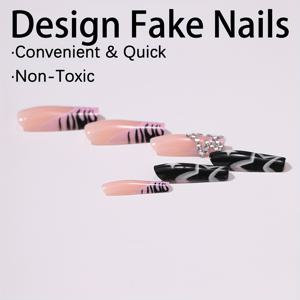 TEMU 24개 중간 길이 코핀 프레스온 네일& 네일, 블랙 파우더 톤, 블랙 앤 화이트 스타 및 프린트 패턴, 프렌치 스타일 프린지, Y2K 큐트 스타일, 여성을 위한 선물